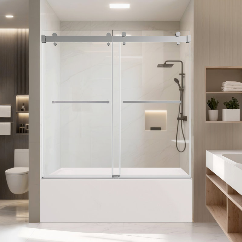 Porte de douche coulissante l 60 po x H 60 po, verre trempé de 3/8 po (10 mm), rail en acier inoxydable, glissement en douceur avec tampon, plage réglable de 4 po, installation à gauche / droite
