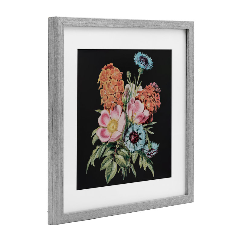 Étude de bouquet rétro sur verre encadré noir, conception par Dan Meneely, Cadre de ferme gris, H 16 po x l 16 po