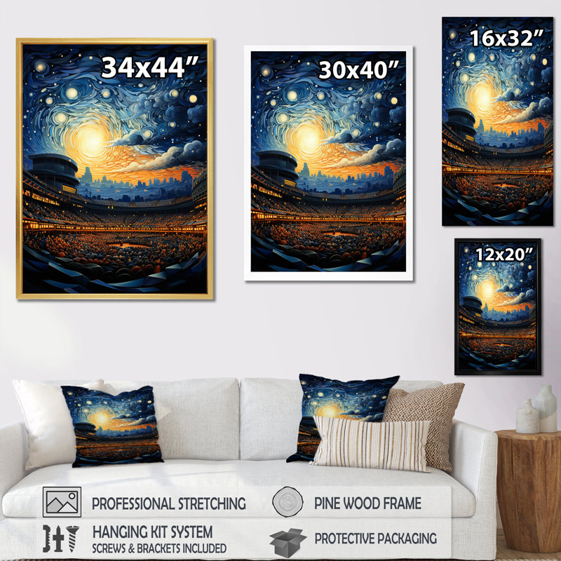 «Stadium In Spotlight At Night I - Cityscapes Wall Art Living Room», Cadre photo blanc, H 40 po x l 30 po x P 1,5 po
