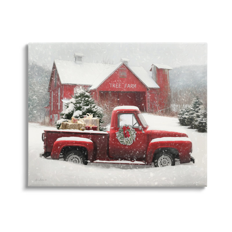 «Tree Farm», camion rouge, neige enneigée, averses de neige encadrées, art texturé noir par Lori Deiter, Toile tendue