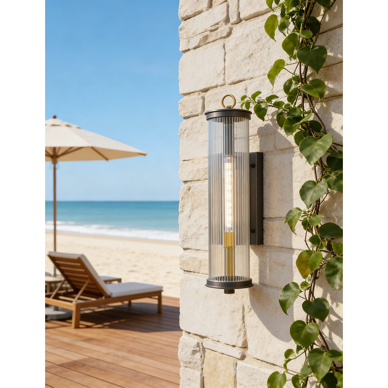 28 Inch Outdoor Wall Sconce With Clear Ribbed Glass Shade, Dark Matte Black And Legacy Brass Finish, Dimmable And Wet Location Rated