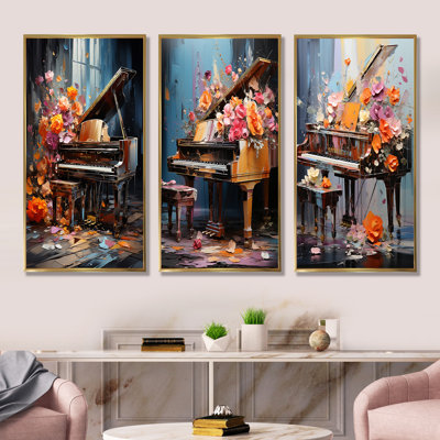 Floral Piano Magic Melody I - Music Piano, ensemble de 3 reproductions d'art mural
