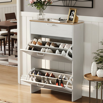Hidden Shoe Cabinet With 3 Flip Drop-Down Door White & Oak