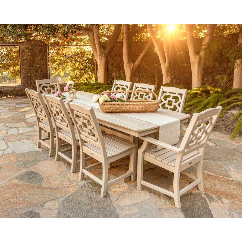 Martha Stewart by POLYWOOD Chinoiserie 9-Piece Dining Set with Trestle Legs, Sand
