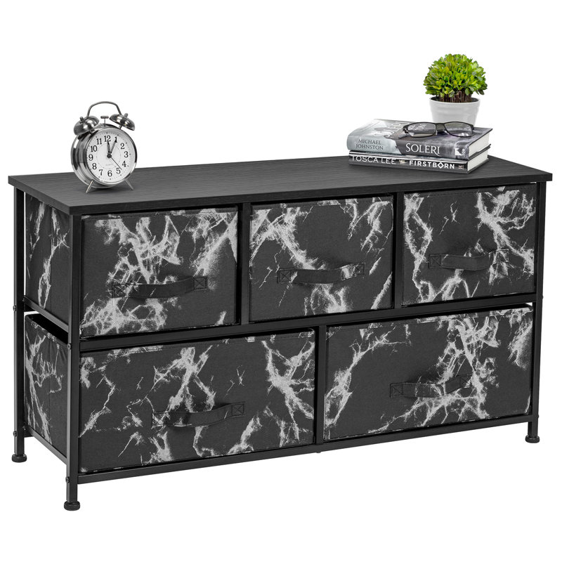 Commode à 5 tiroirs (cadre blanc, marbre blanc), Noir