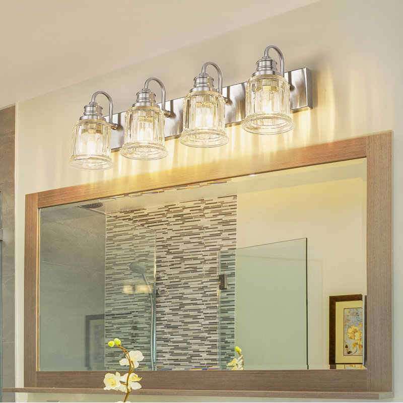 Éclairage pour salle de bain 4 lumières rétro, verre cannelé en forme de cloche, nickel brossé, Nickel brossé