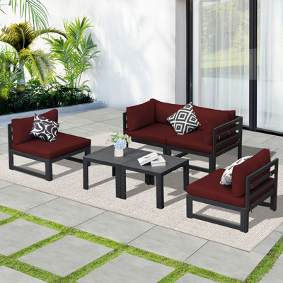 Ensemble de conversation d'extérieur pour 4 personnes avec coussins épais, ensemble de conversation en aluminium avec sièges larges et profonds