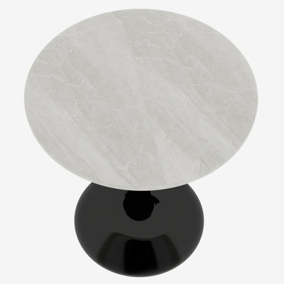 27.6-Inch Black Coffee Table, Mid-Century Modern Style Dining Table, Accommodates 2-4 People, Featuring A Round White-Veined Marble Tabletop, Suitable For Various Settings.