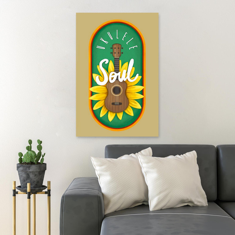 «UKulele With Sunflowers», impression d'art graphique rectangulaire sur toile tendue, H 20 po x l 16 po x P 2 po