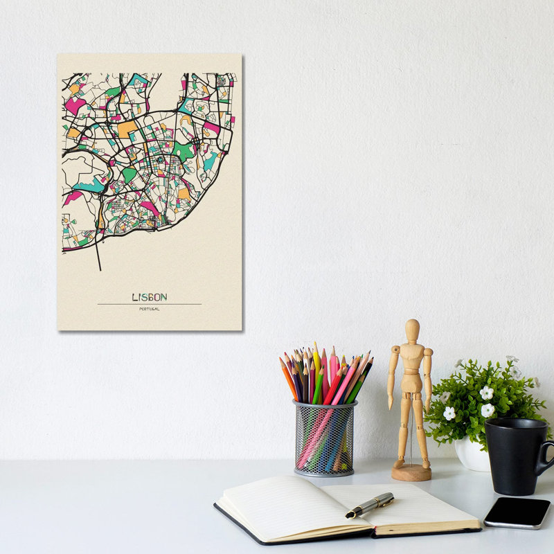 Lisbon, Portugal Map by Ayse Deniz Akerman - Wrapped Canvas Print, 20.32 cm H x 30.48 cm W