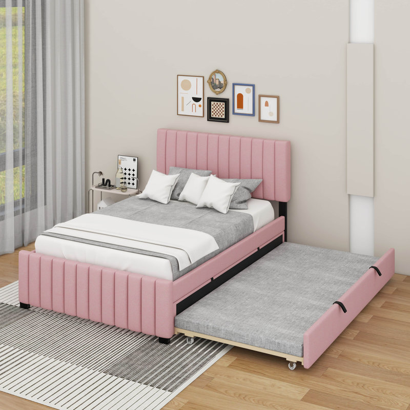 Lit plateforme double en velours avec lit gigogne, Rose