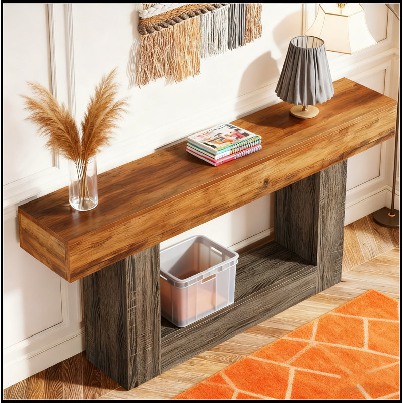 63" Console Table, Farmhouse 2-Tier Entryway Table With U-Shaped Base, Narrow Long Wood Sofa Table Behind Couch Table For Living Room