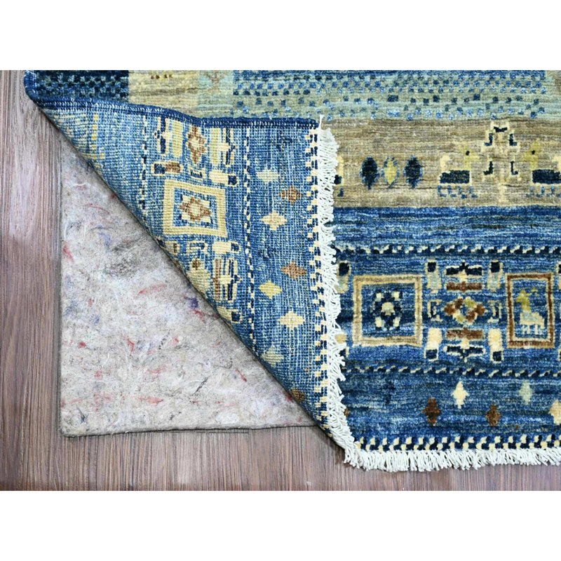 Tapis de couloir bleu en laine noué à la main 2 pi 6 po x 9 pi 8 po Figurines Kashkuli