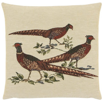 Three Pheasants Tapestry Cushion with Feather Filler 
