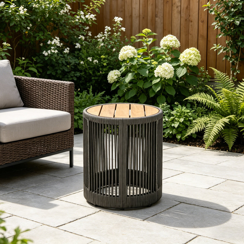 Outdoor Round Side Table Solid Wood Patio Table with Rope Base for Garden Balcony, Gray