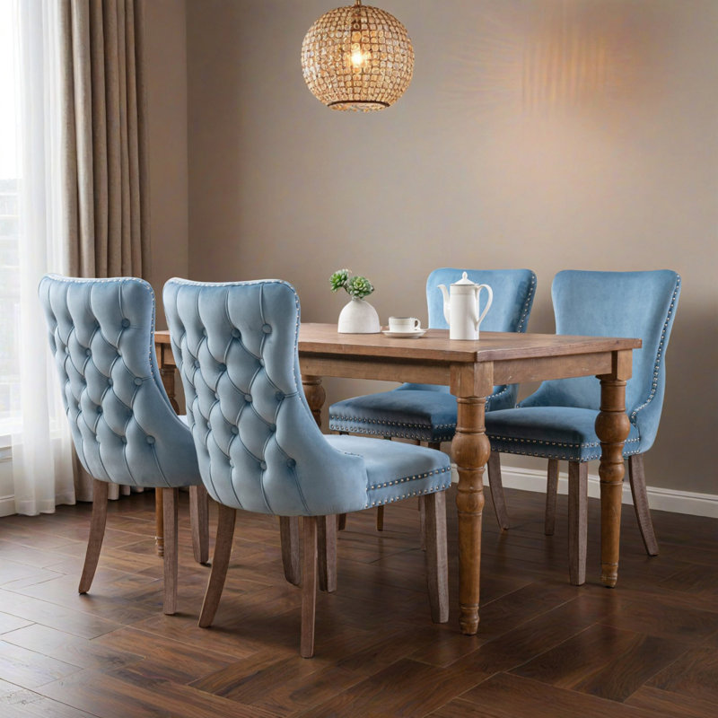 Upholstered Tufted Wing-Back Dining Chair with Backstitching Nailhead Trim and Solid Wood Legs, Set of 4,  Light Blue