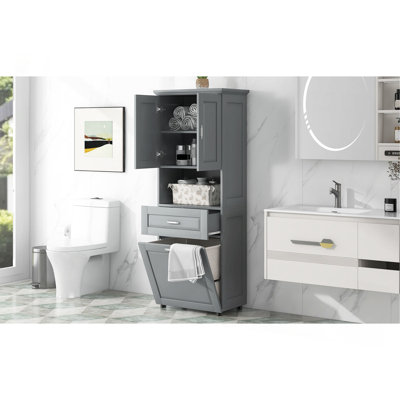 Tall Bathroom Cabinet With Laundry Basket, Large Storage Space Tilt-Out Laundry Hamper And Upper Storage Cabinet