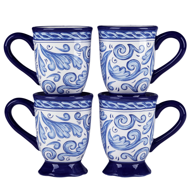 Cobalt Blue and White Ceramic Mug Set, 14 oz, Microwave Safe