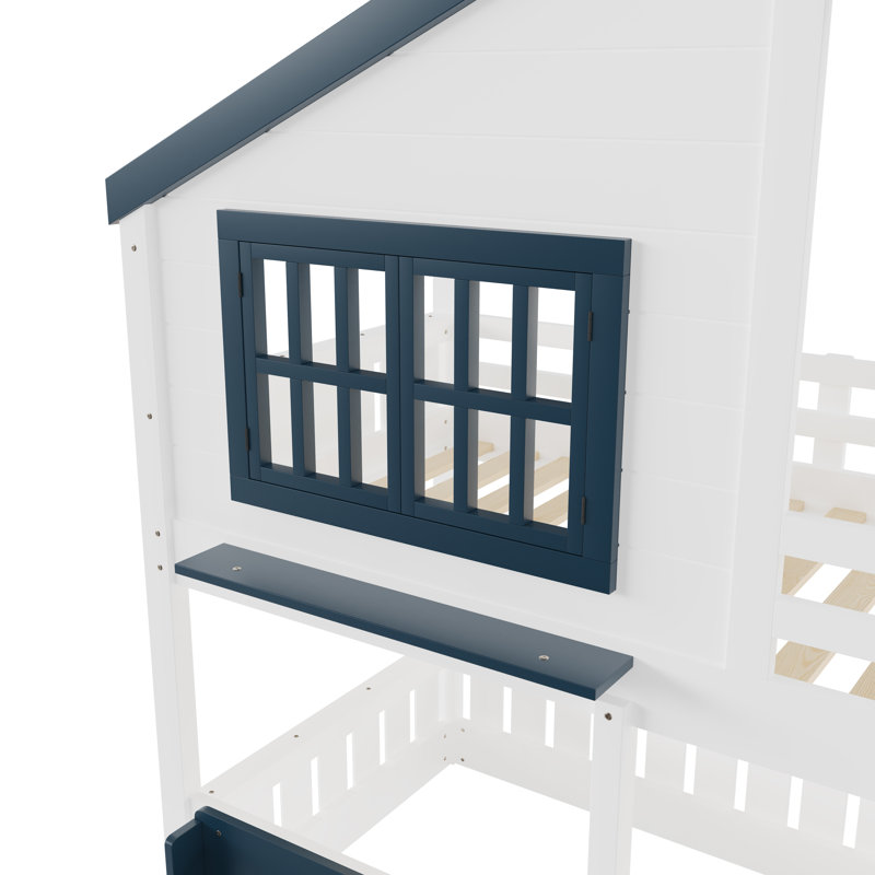House Design Bunk Loft Bed with Bookshelf, Safety Guardrails, Space-Saving Kids Bed, Twin, White
