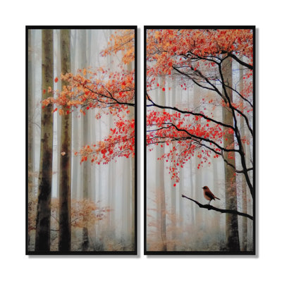 «Autumn Forest Morning Dew In Quebec - Forest», reproduction d'art sur toile, nature rouge, 2 pièces