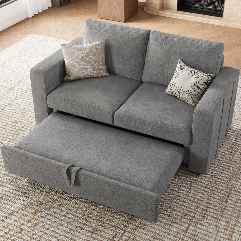 Rafael 2 Seats Fabric Sectional Pull Out Sofa Memory Foam Mudular Sofa For Living Room, Light Gray Chenille