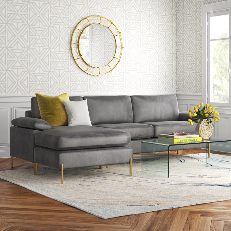 Canapé et méridienne réversible en velours de 101 po de large Fluery, Velours gris velours