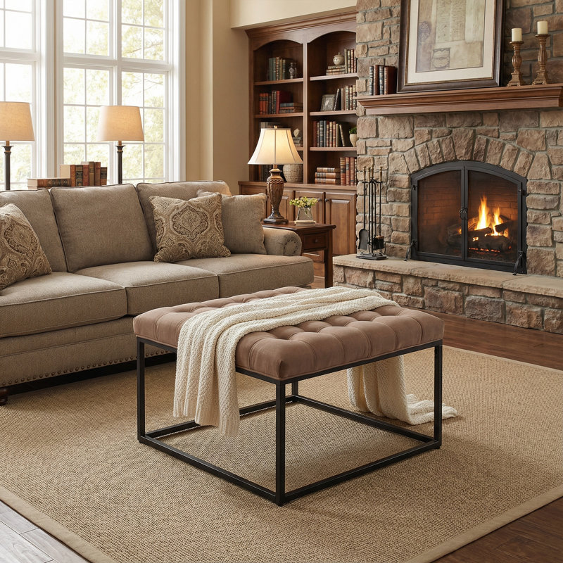 28" Square Button Tufted Metal Ottoman