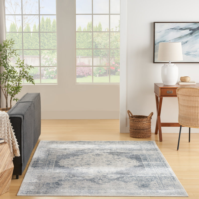 Tapis bleu / ivoire lavable en machine Privette, Rectangle 6 pi 7 po x 9 pi