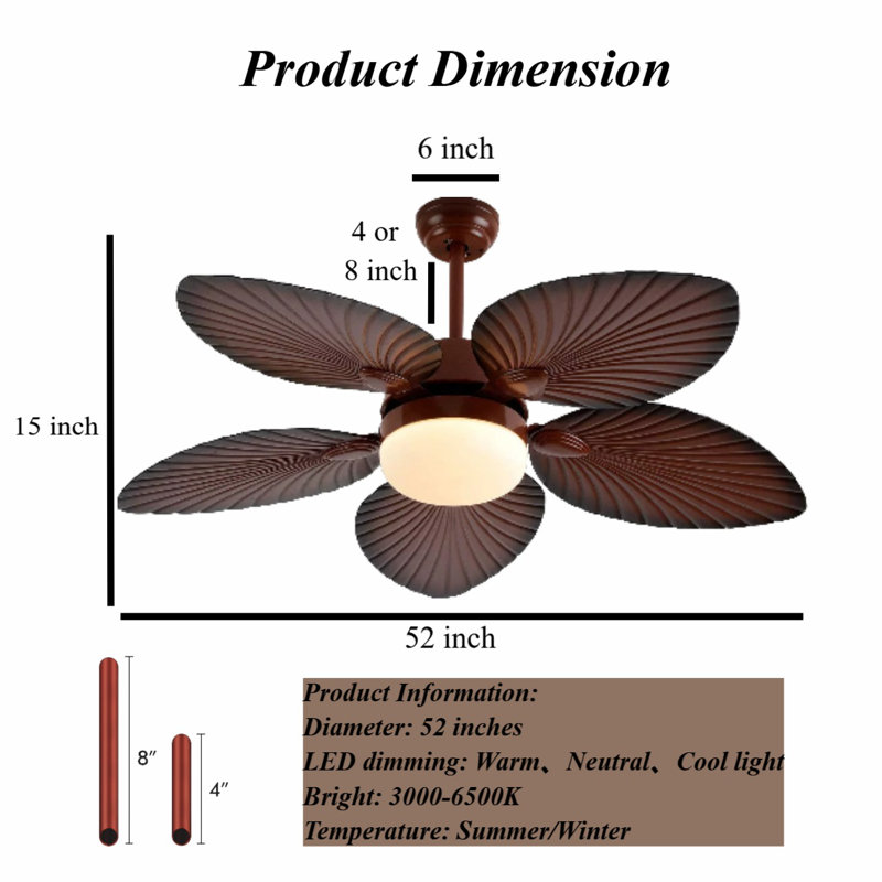 52 Inch American Style Led Tri Color Dimming Fan Light With Remote Control