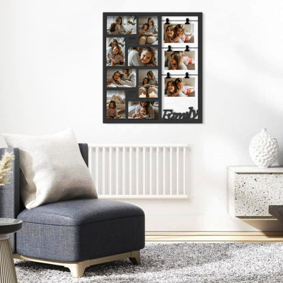 Cadre mural à 11 ouvertures verticales pour collage familial, galerie de photos multicolore mixte 4 x 6 et 5 x 7 avec découpe de lettres de famille, finition gris clair neutre