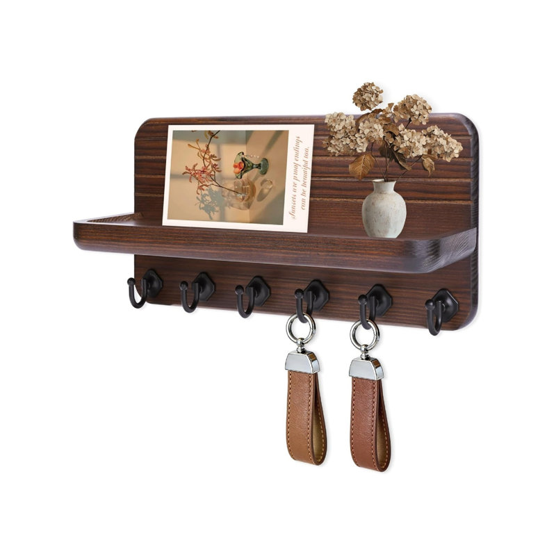 Wood Wall Organizer with Key Hooks, Brown