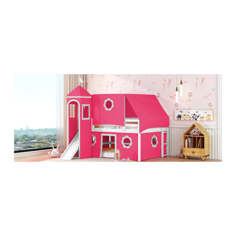 Lit mezzanine double avec tente et tour Slide - Rose, Rose, Bois + panneau de fibres à densité moyenne