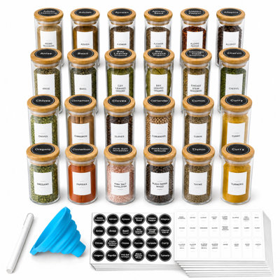 24 Pack 4oz Empty Glass Spice Jars with Bamboo Lids & Labels, Minimalist Farmhouse Stickers & Funnel, Seasoning Containers for Spice Rack, Cabinet & Drawer