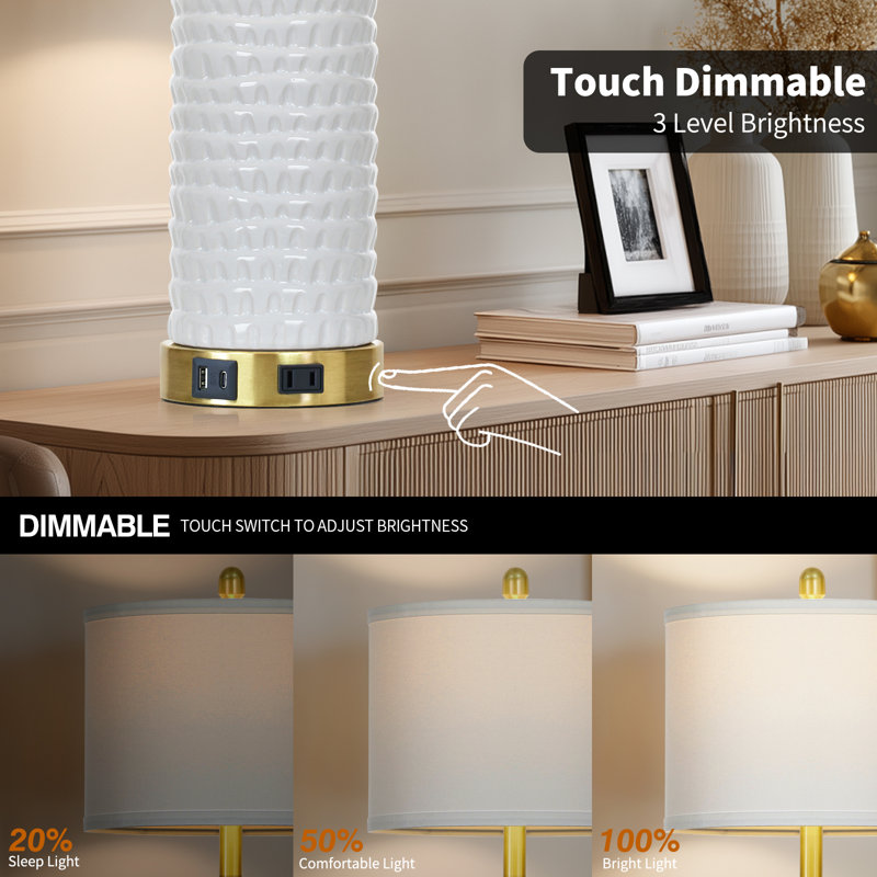 26” Modern Ceramic Table Lamps with 3-Way Touch Control, USB & Type-C Ports