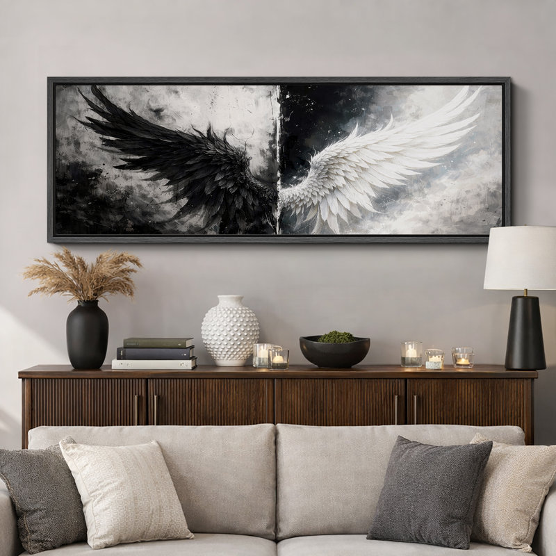 «Black and White Angel Wings Contrast Dark Light Abstract Spiritual Wall Decor très grandes photos, impression sur toile encadrée
