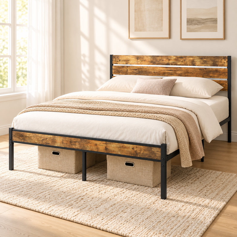 Structure de lit plateforme double avec tête de lit en bois, structure de lit en métal robuste avec espace de rangement sous le lit, support de matelas robuste avec structure et pieds renforcés