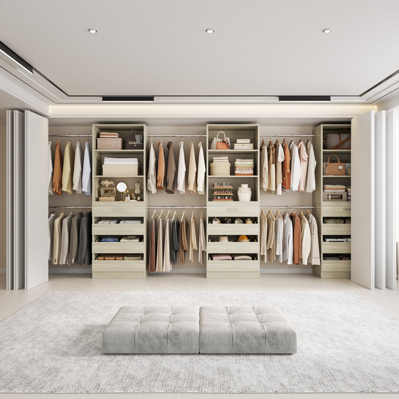 Rangement de garde-robe réglable de 74 po à 116 po avec 4 tiroirs et 4 tringles, Beige