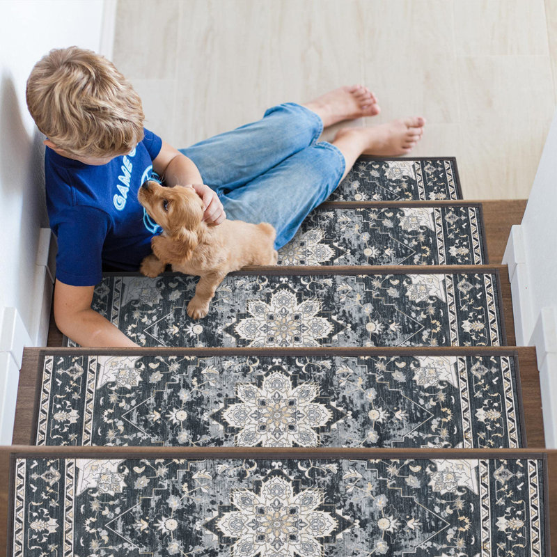 Non-Slip Indoor Stair Treads, Gray/Dark Blue/Ivory