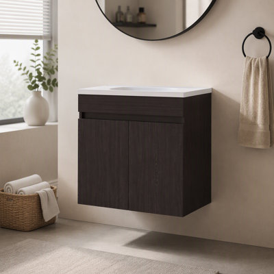 Meuble-lavabo double flottant Chaux, avec lavabo en résine et deux tablettes, rangement pour salle de bain, noir