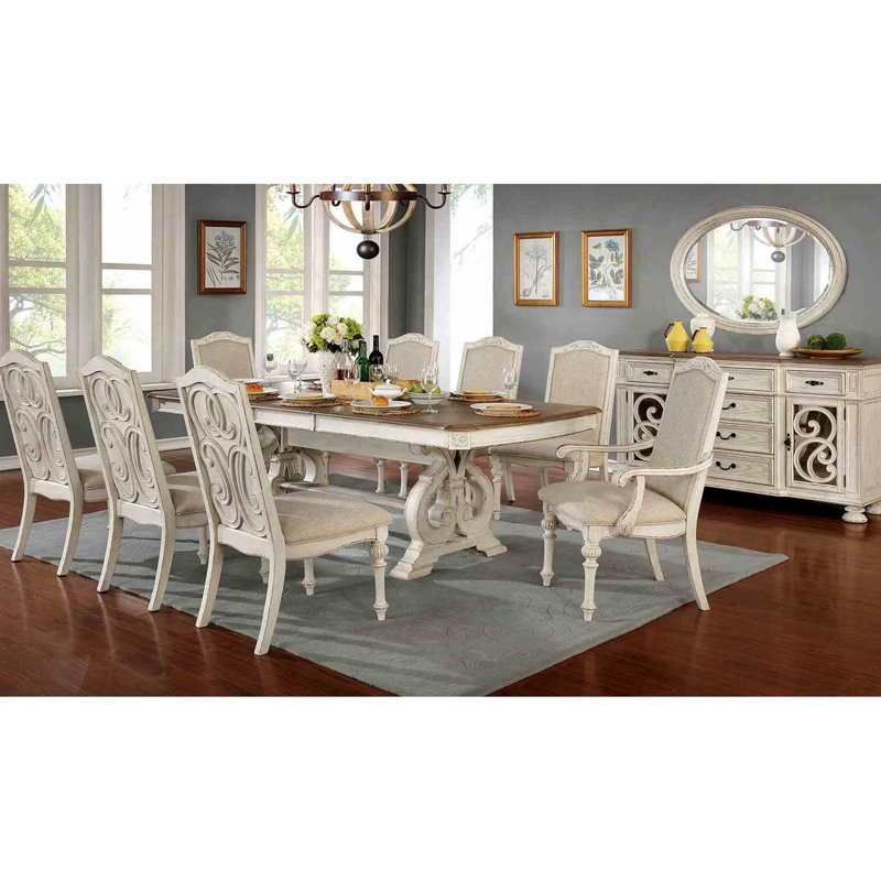 Ensemble de salle à manger 9 pièces blanc antique avec placage en bois, piètement à tréteaux et pieds finement travaillés, 8 places assises avec table, forme rectangulaire, revêtement rembourré
