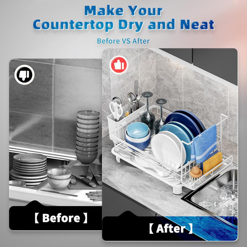 2-Tier Space-Saving Dish Drying Rack with Drainboard - Kitchen Counter Organizer with Utensil Holder, Cups Rack & Adjustable Swivel Spout