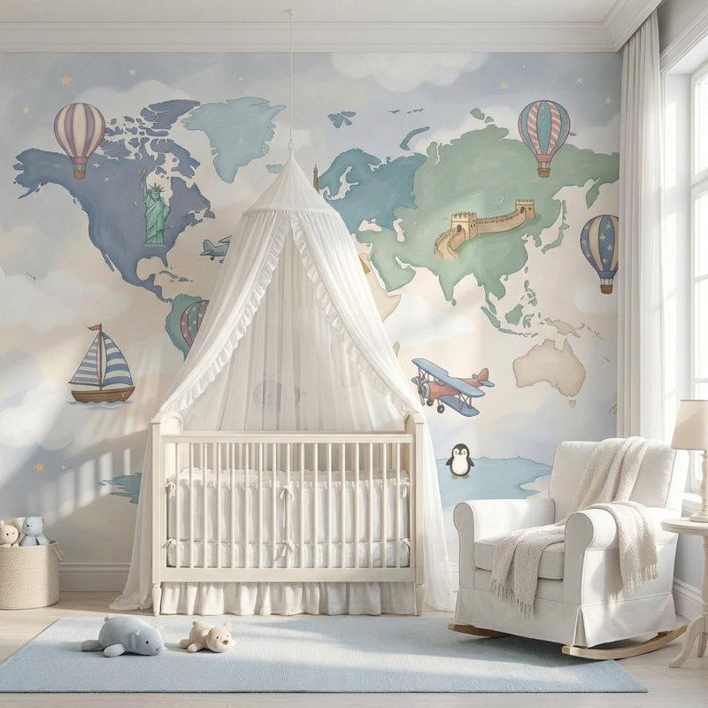 Papier peint carte du monde avec ciel nuageux, Non tissé non collé, 140" x 108"