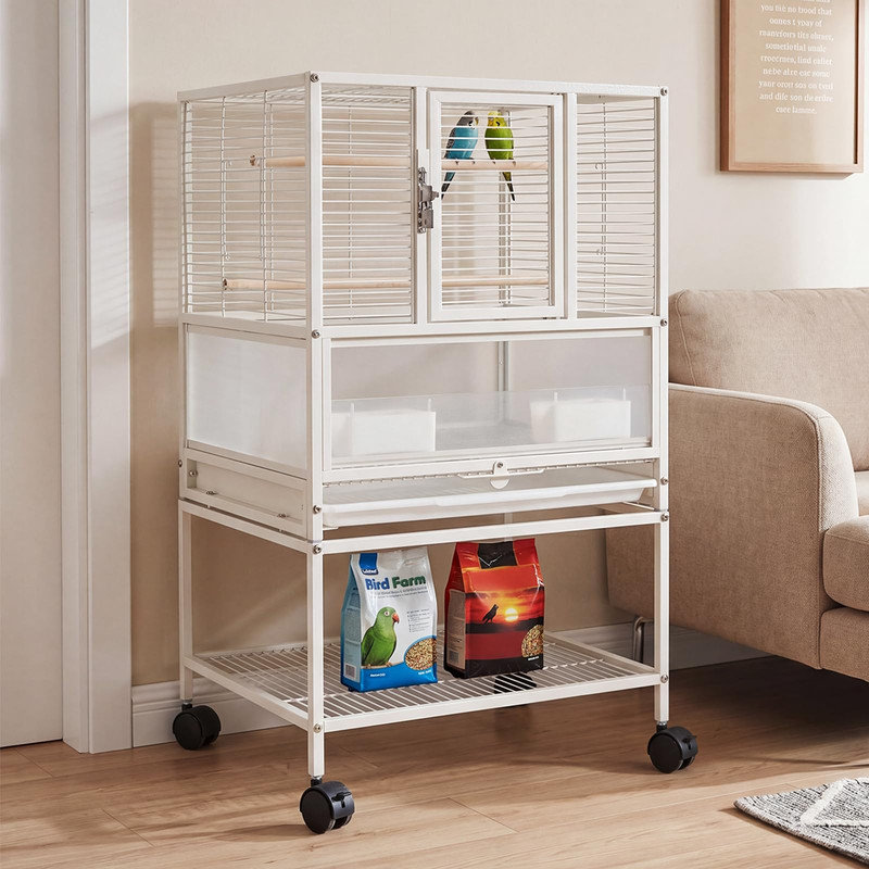Volière d'oiseaux 3-en-1 blanche spacieuse sur roulettes - grande cage de vol et support pour perruches, conures et cacatoès