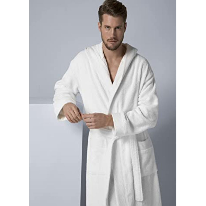 Peignoir turc en coton pour hommes, peignoir kimono en ratine, texturé long, garniture de tissage de riz - capuche, Blanc