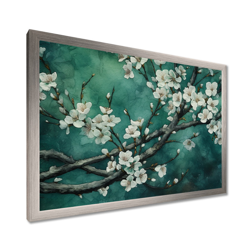 «Flower Whispers» sarcelle, fleurs de cerisier II - art mural floral, H 24 po x l 32 po x P 1 po, Cadre photo argenté