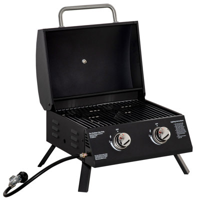 2 Burner Propane Gas Grill Tabletop Bbq With Foldable Legs, Lid, And Thermometer, Black