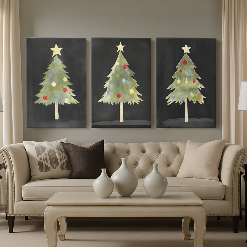 Christmas Holiday Art II - Toile tendue avec châssis sur mesure - 3 pièces, H 27 po x l 54 po