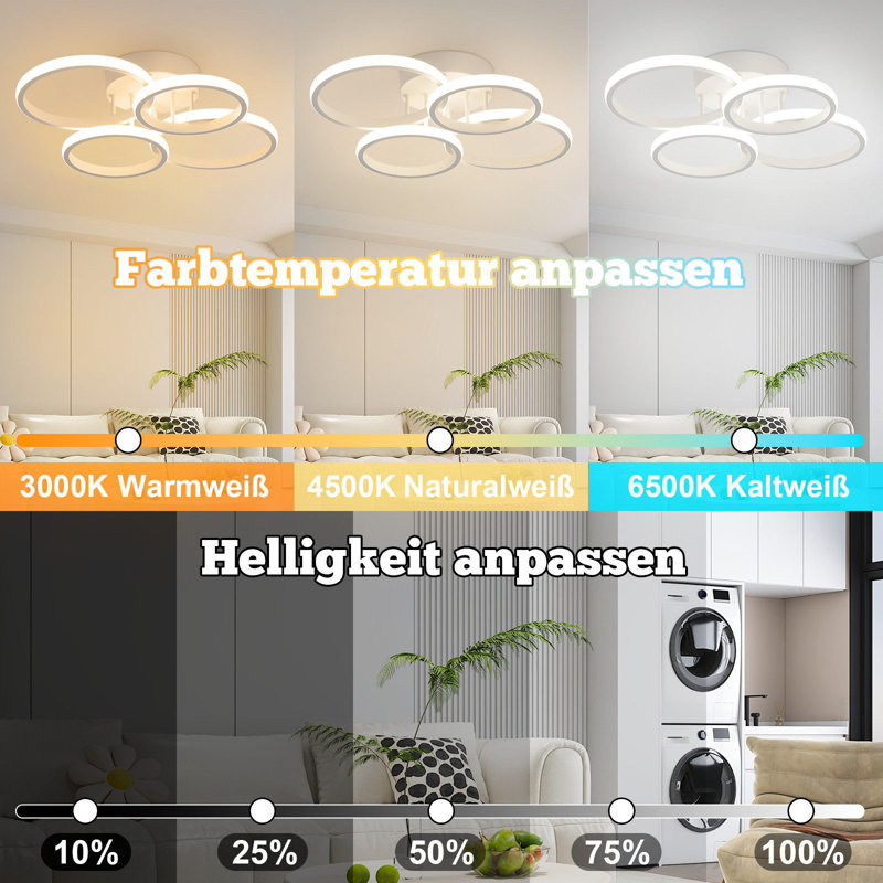 Ceiling lamp LED ceiling light living room: Dimmable living room lamp modern white 48W bedroom lamp design ceiling lighting 4-ring kitchen lamp with remote control for house apartment