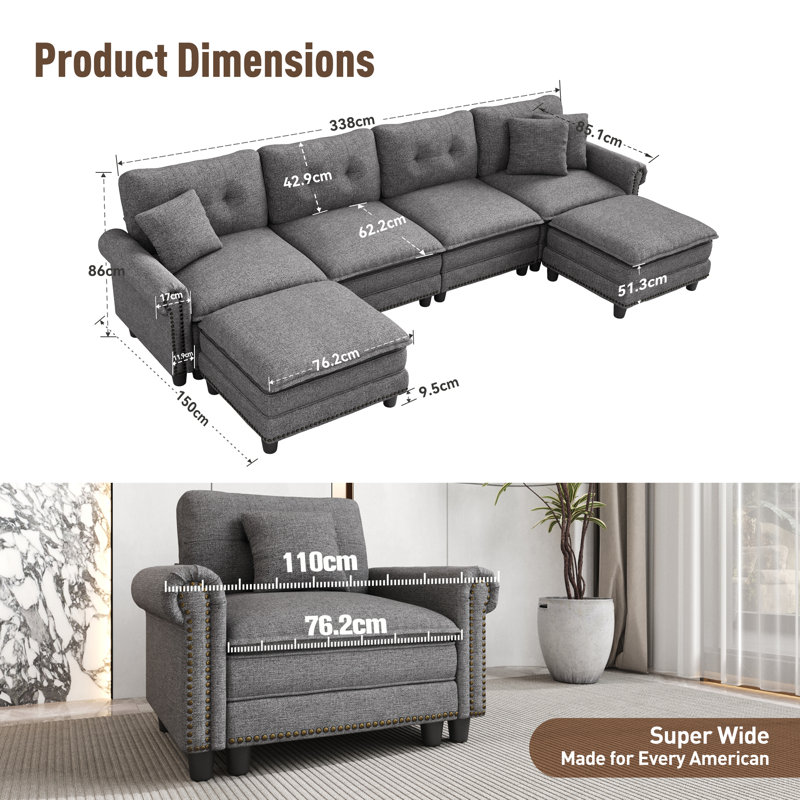Sectional, 88cm H x 380cm W x 85cm D, Grey