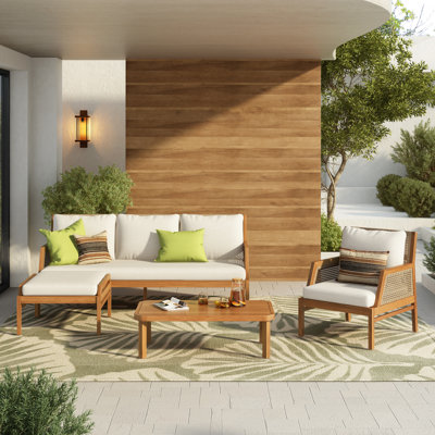 Modern 4 Piece Patio Sofas Set, Acacia Wood Wicker, Rustic Outdoor Entertaining